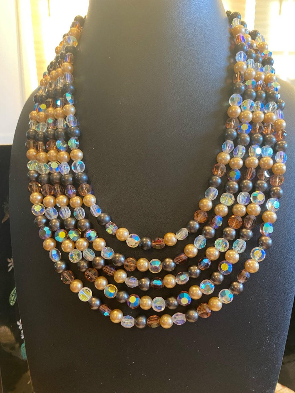 Multi-Strand AB Crystal& Pearl Bead Necklace in Gold and Brown